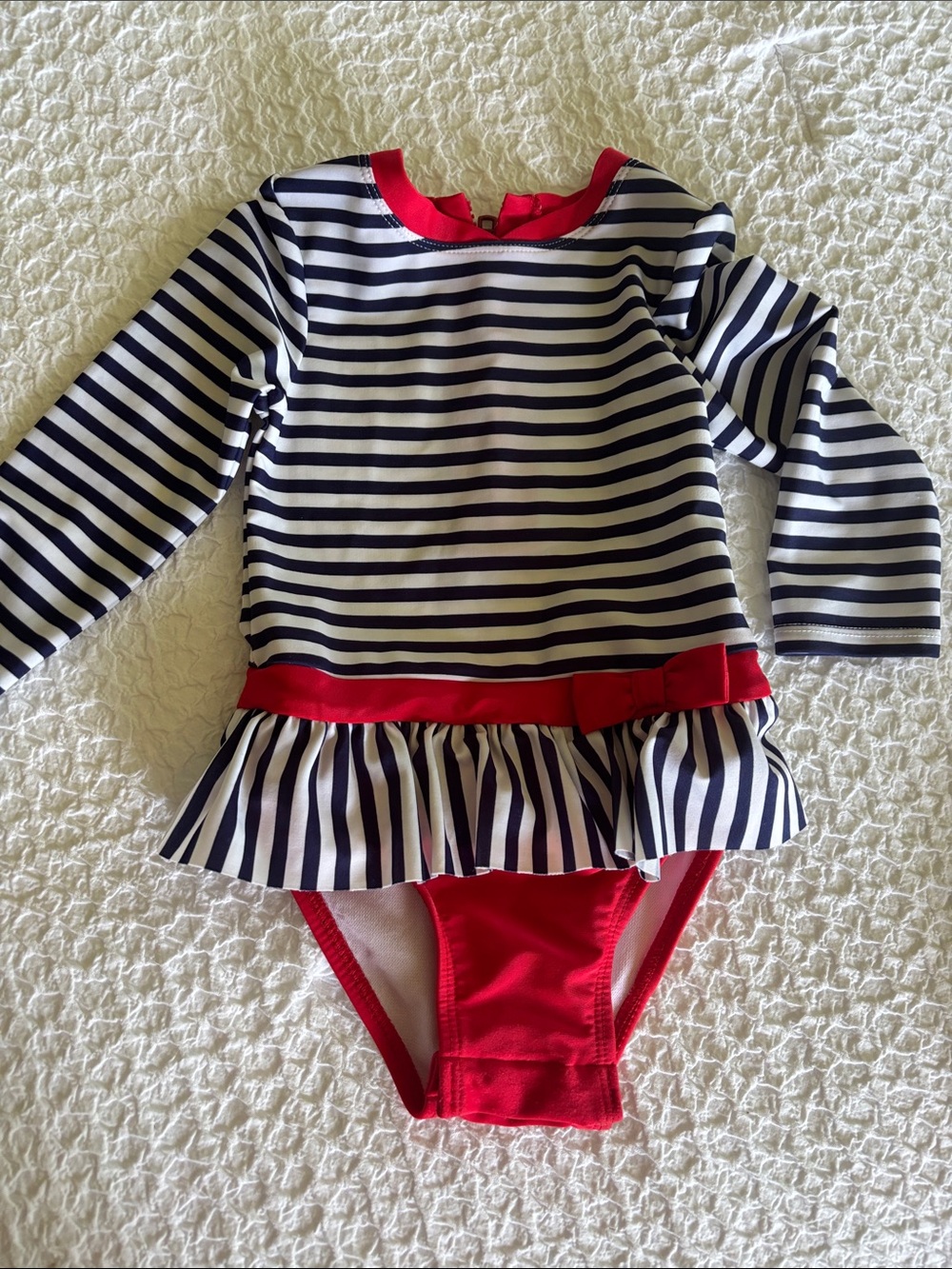 Cat & Jack Navy and White Striped Long-Sleeve One-Piece Swimsuit with Red Trim